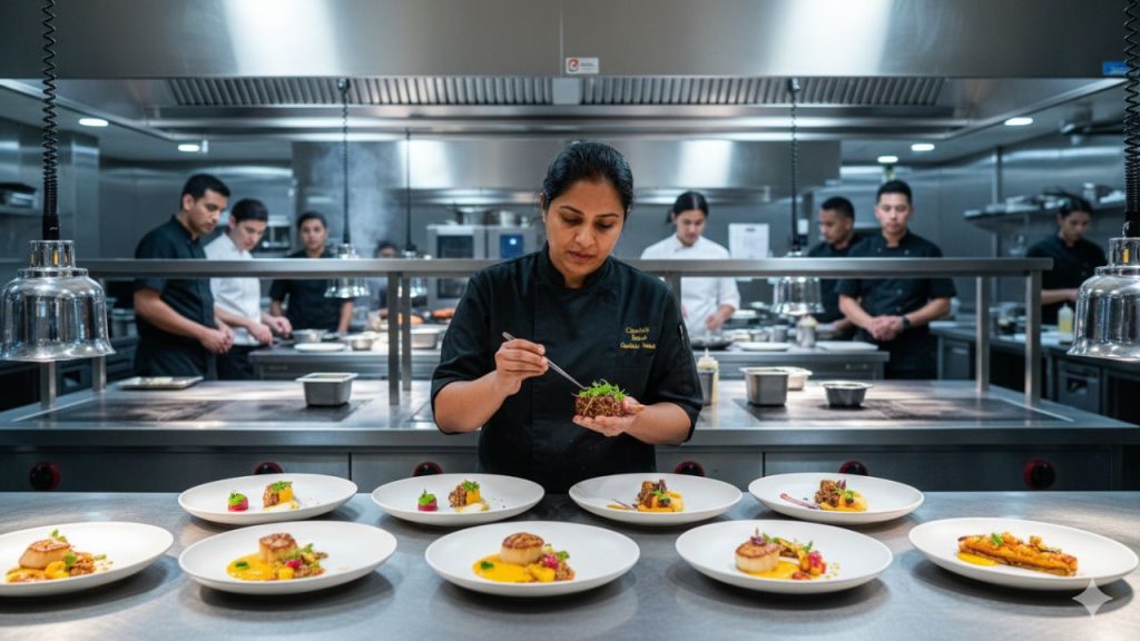 Executive chef leading a high-volume luxury kitchen team, plating innovative fusion dishes