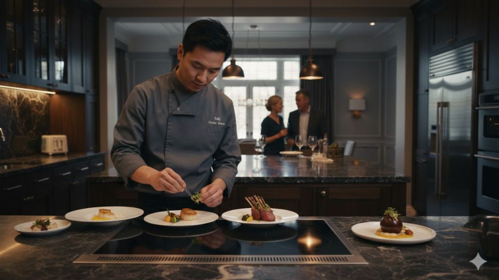 Private chef preparing gourmet multi-course meal for high-profile clients in a modern estate kitchen.
